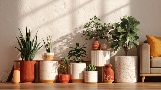 Indoor plants in decorative clay and terracotta pots with modern patterns, autumn sunlight casting warm tones in a cozy living room, seasonal décor by GardenAtelier