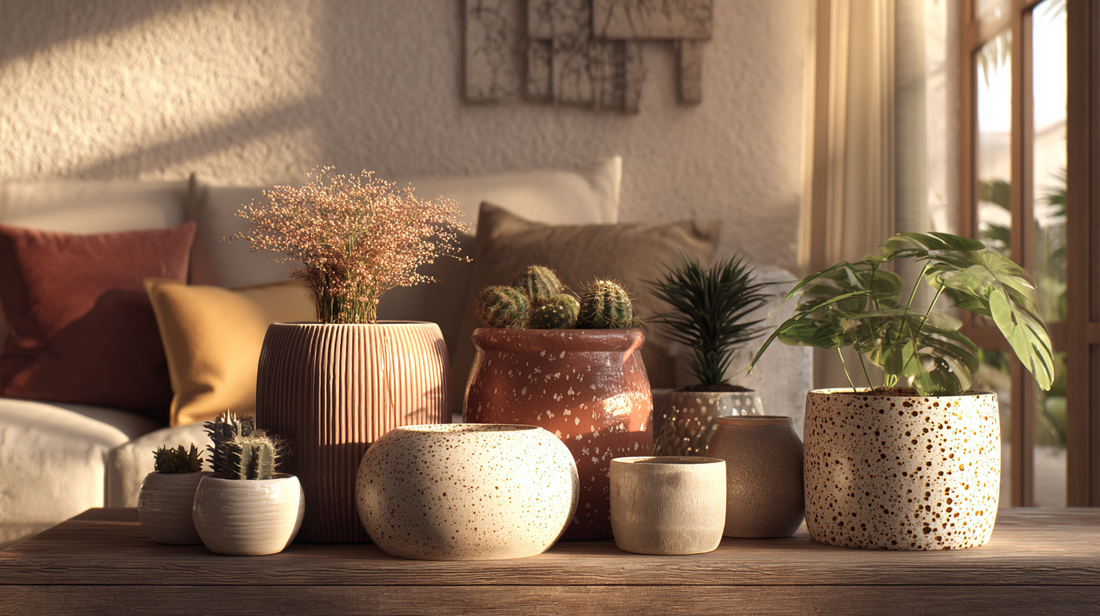 Cozy living room with clay and terracotta plant pots in rustic and modern designs, filled with greenery and succulents, autumn sunlight creating warm seasonal décor by GardenAtelier