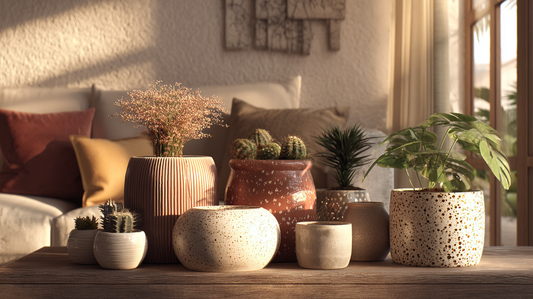 Cozy living room with clay and terracotta plant pots in rustic and modern designs, filled with greenery and succulents, autumn sunlight creating warm seasonal décor by GardenAtelier