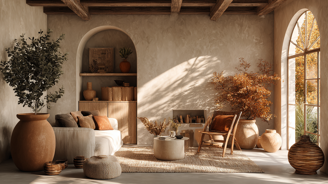 Rustic living room with clay and terracotta pots, neutral earthy tones, autumn sunlight through arched windows, seasonal home décor by GardenAtelier