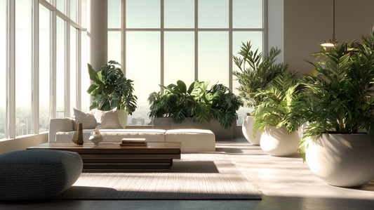 Spacious modern living room with large windows, indoor plants in oversized ceramic planters, natural sunlight creating elegant seasonal décor by GardenAtelier