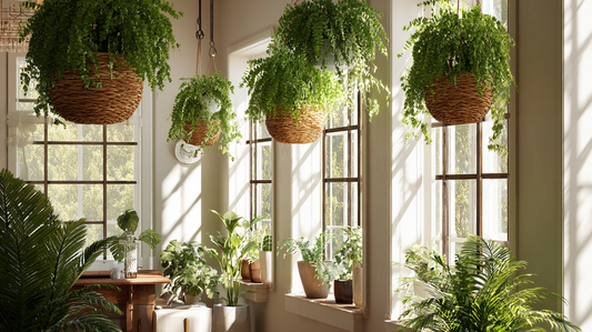  A bright sunlit room with air-purifying plants displayed in woven hanging baskets, creating a fresh and natural indoor atmosphere.