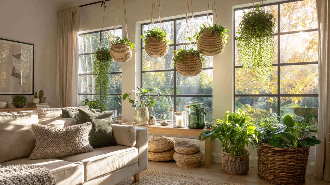 Cozy living room with woven hanging baskets filled with trailing plants, autumn sunlight through large windows, seasonal greenery and natural décor by GardenAtelier