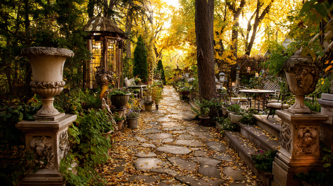 Autumn garden pathway with elegant statues and sculptures, golden leaves covering stone steps, seasonal outdoor décor by GardenAtelier