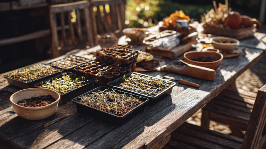Rustic wooden table with seed trays and young seedlings sprouting, gardening tools and soil bowls under autumn sunlight, seasonal gardening scene by GardenAtelier