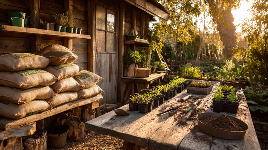 Rustic garden shed with stacked soil bags, seedling trays, and gardening tools on a wooden table, autumn sunlight creating a seasonal outdoor workspace by GardenAtelier