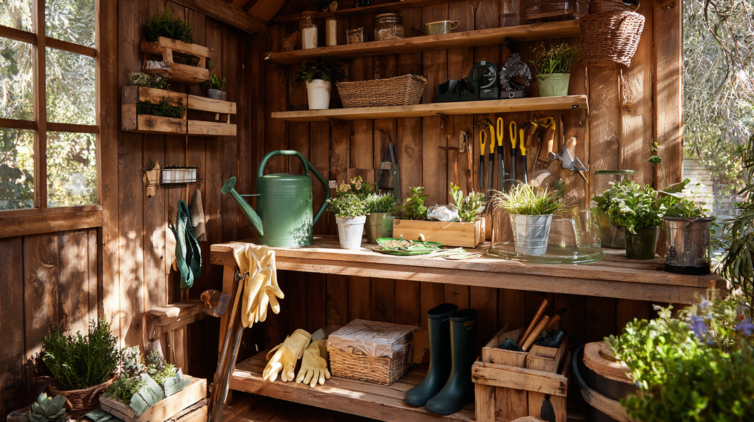 cozy garden corner with compost bins, organic waste containers, and eco-friendly gardening supplies, autumn sunlight highlighting sustainable seasonal gardening --ar 16:9