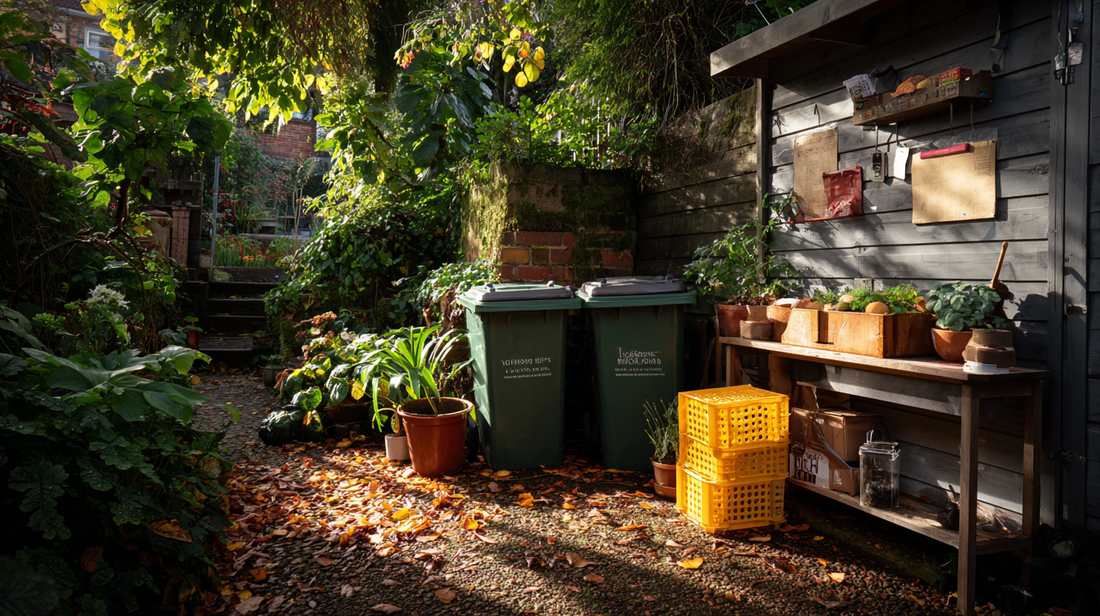autumn garden with natural pest control supplies, eco-friendly sprays, and protective nets, rustic outdoor shed with seasonal plants, golden sunlight as winter approaches --ar 16:9