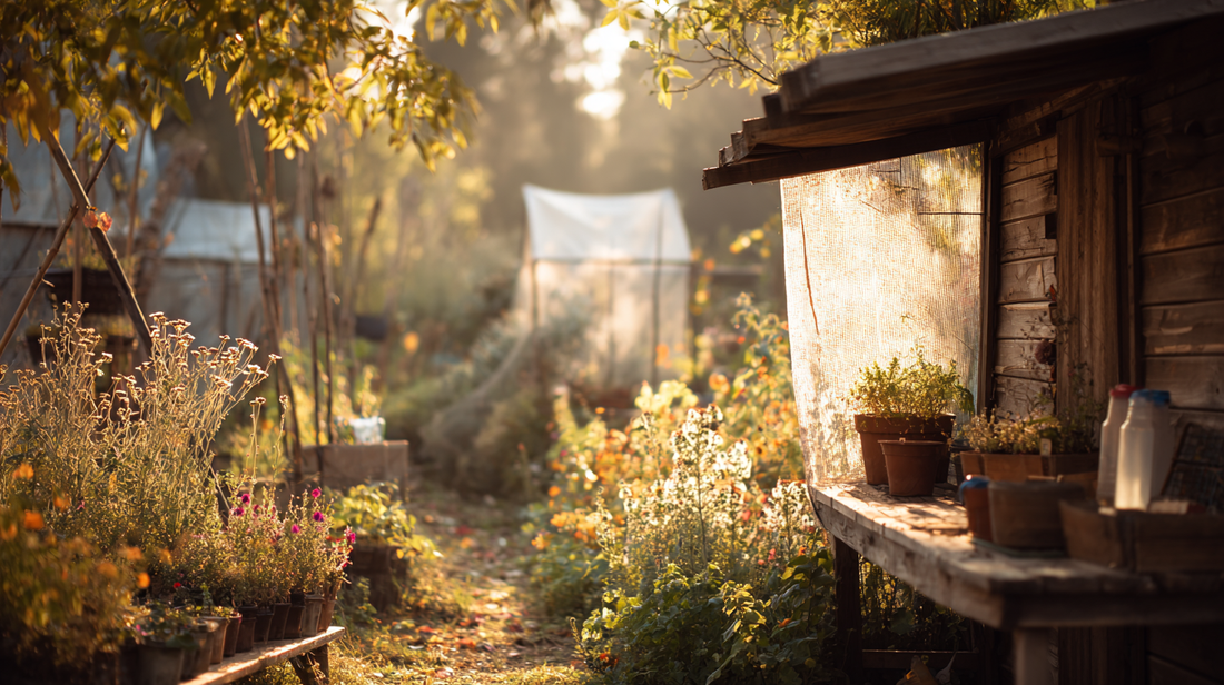rustic wooden table with essential garden hand tools like trowels, pruners, gloves, and watering cans, autumn sunlight in a cozy outdoor garden shed --ar 16:9