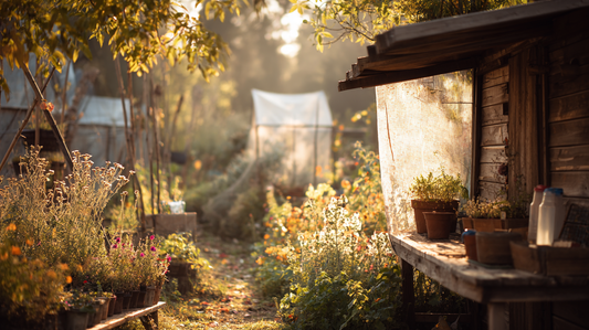 rustic wooden table with essential garden hand tools like trowels, pruners, gloves, and watering cans, autumn sunlight in a cozy outdoor garden shed --ar 16:9