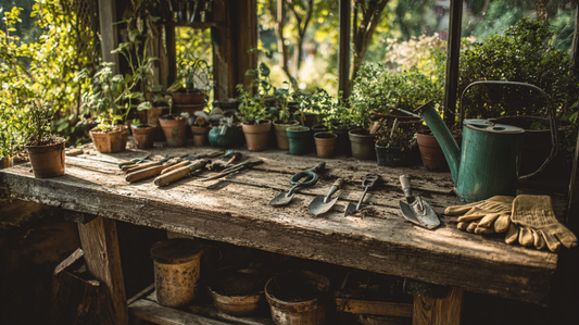 cozy autumn garden with watering cans, garden hoses neatly coiled, and potted plants, rustic shed in golden sunlight highlighting seasonal plant care --ar 16:9