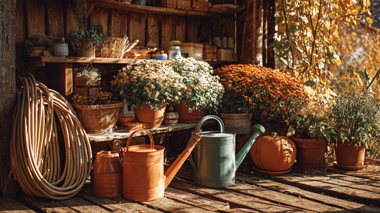 Rustic garden shelf with watering cans, coiled hose, potted chrysanthemums, and pumpkins, autumn sunlight creating a cozy seasonal garden scene by GardenAtelier