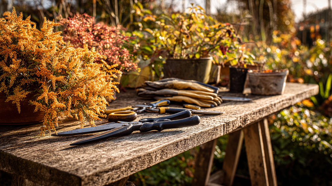 cozy autumn garden shed with gardening gloves, aprons, and seasonal plants, rustic wooden shelves, golden sunlight as the season transitions toward winter --ar 16:9