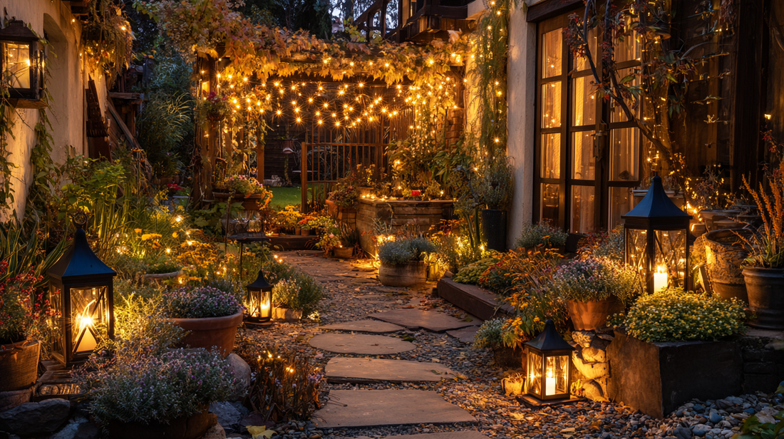 Cozy outdoor garden pathway decorated with string lights and lanterns, warm evening glow, autumn to winter seasonal décor by GardenAtelier