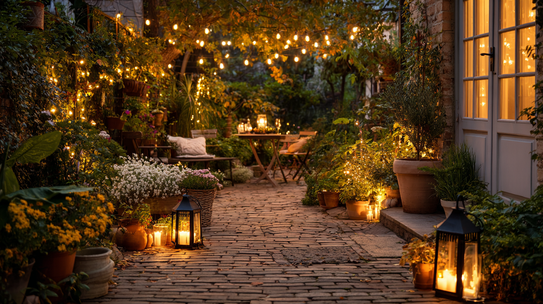"Garden Atelier outdoor space decorated with hanging string lights, glowing lanterns, and lush potted plants, creating a cozy evening garden ambiance in late fal