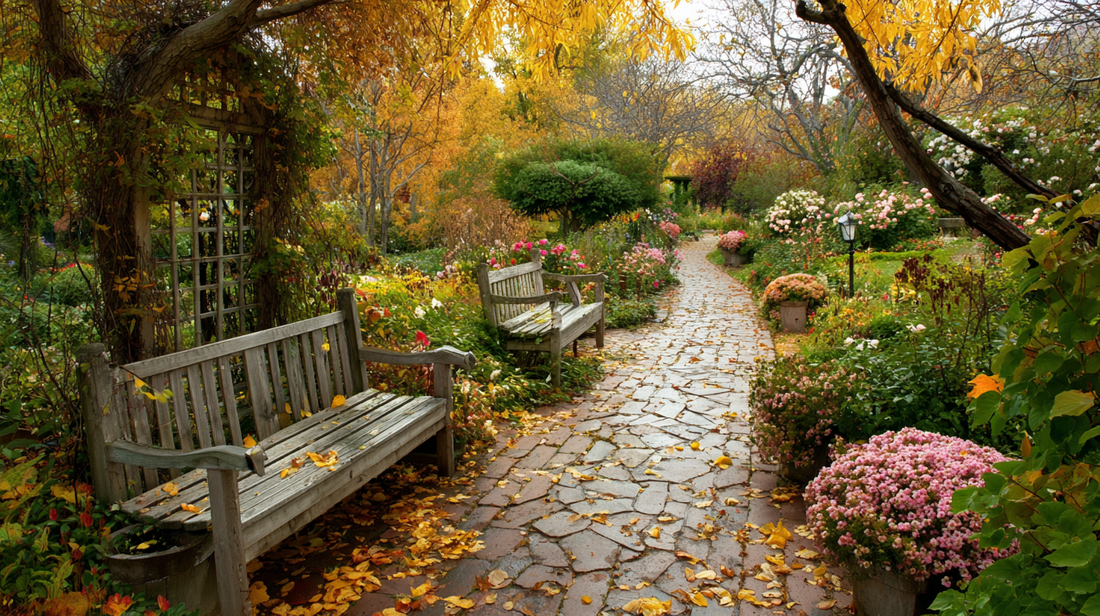 Garden Atelier eco-friendly garden path in late November, with rustic benches, vibrant autumn flowers, and golden leaves signaling the transition into winter.