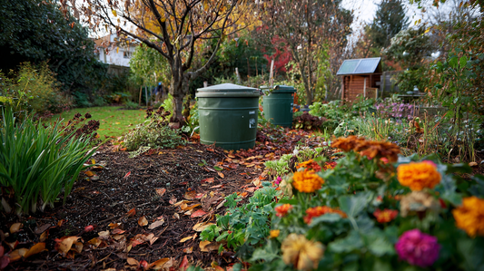 Garden Atelier eco-friendly backyard with compost bins, late autumn flowers, and fallen leaves, highlighting sustainable gardening as the season shifts toward winter.