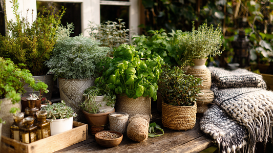 Cozy late-November kitchen garden with potted culinary herbs, woven baskets, amber glass bottles, and a knitted throw, warm seasonal light by GardenAtelier