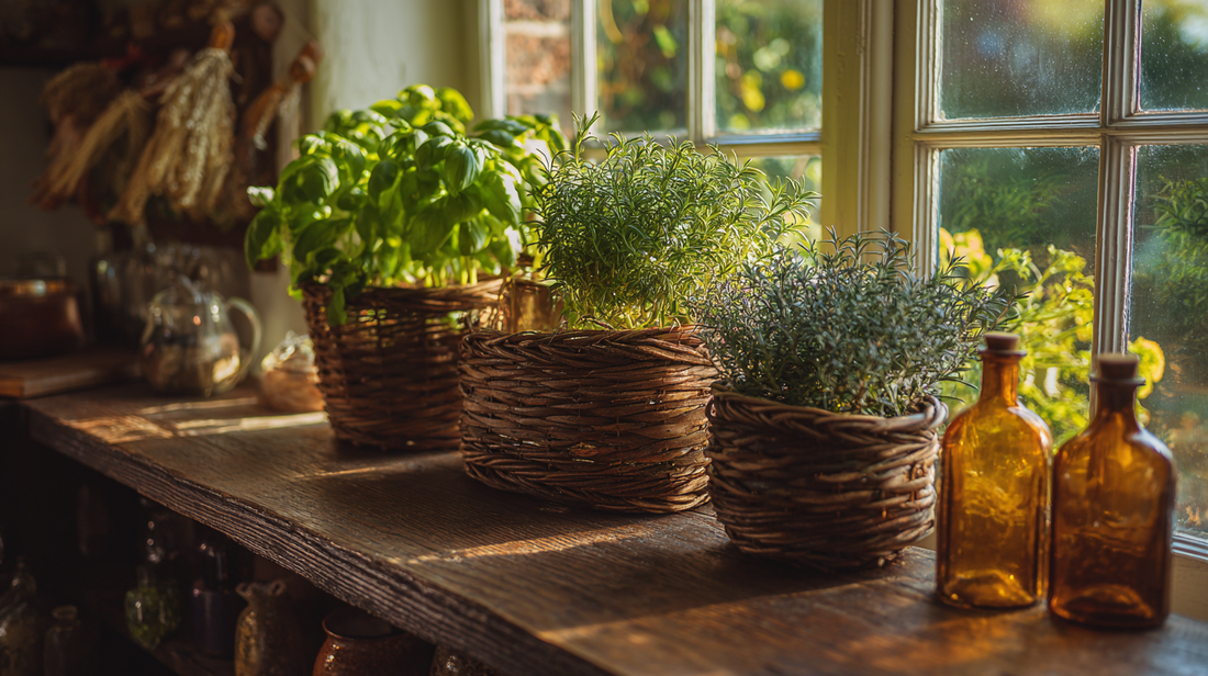 Cozy late-November indoor windowsill with woven baskets of basil, thyme, and rosemary herbs, amber glass bottles glowing in warm seasonal sunlight by GardenAtelier