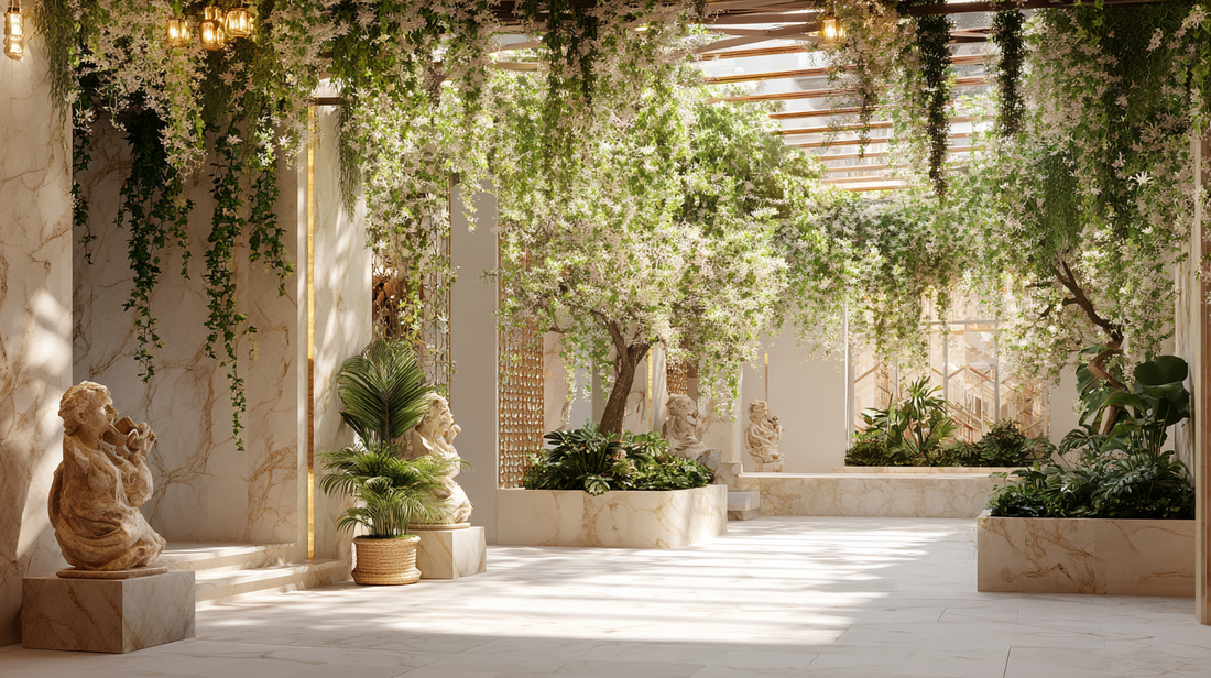 An elegant garden with cascading hanging plants and classical statues, creating a serene and artistic outdoor atmosphere.