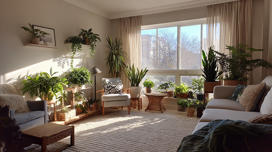 Bright late-November living room filled with succulents, cacti, and lush indoor plants, natural sunlight streaming through large windows creating an early winter sanctuary by GardenAtelier