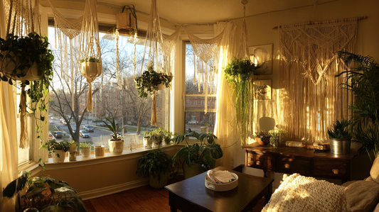 Cozy early winter living room with hanging plants in macrame holders, potted greenery by the window, and golden sunset light creating a warm seasonal atmosphere by GardenAtelier