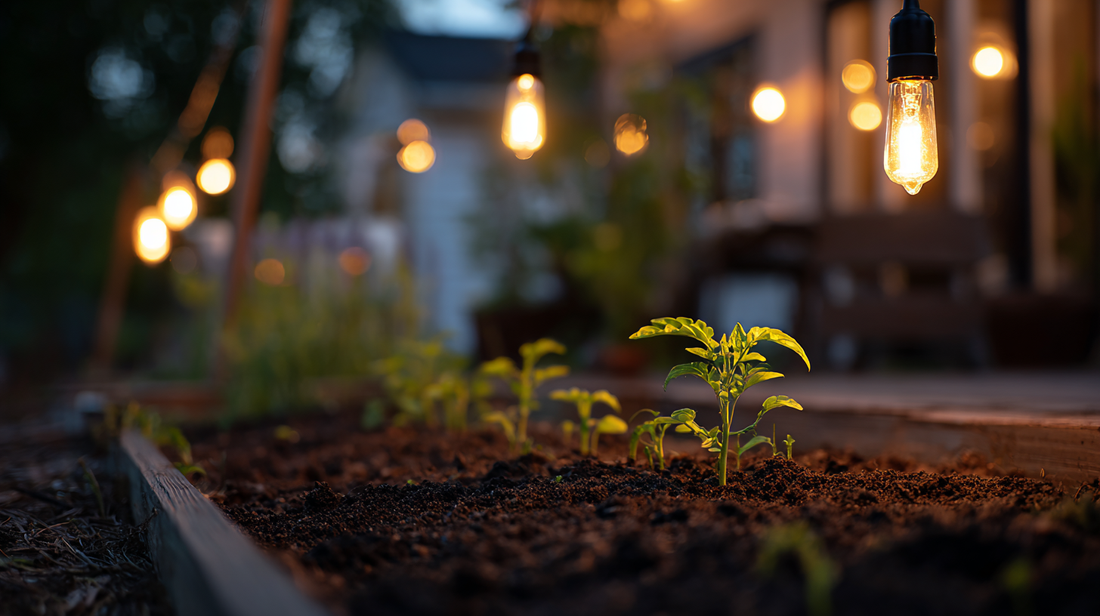  A cozy evening garden with young seedlings growing under warm outdoor lights, creating a sustainable and inviting atmosphere.