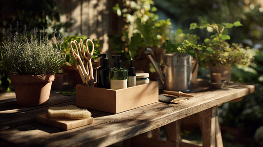 A rustic wooden garden table with plant care kits and eco-friendly gardening tools arranged among potted plants, creating a practical and sustainable workspace.
