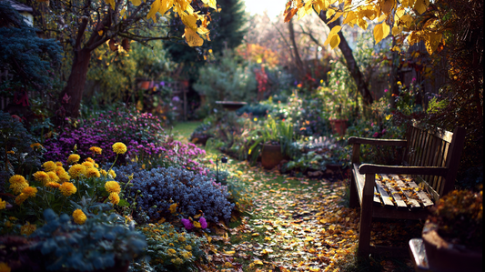 Mid-November garden with colorful flowering plants, yellow and purple blooms, autumn leaves scattered on the ground, and a wooden bench creating a cozy seasonal atmosphere