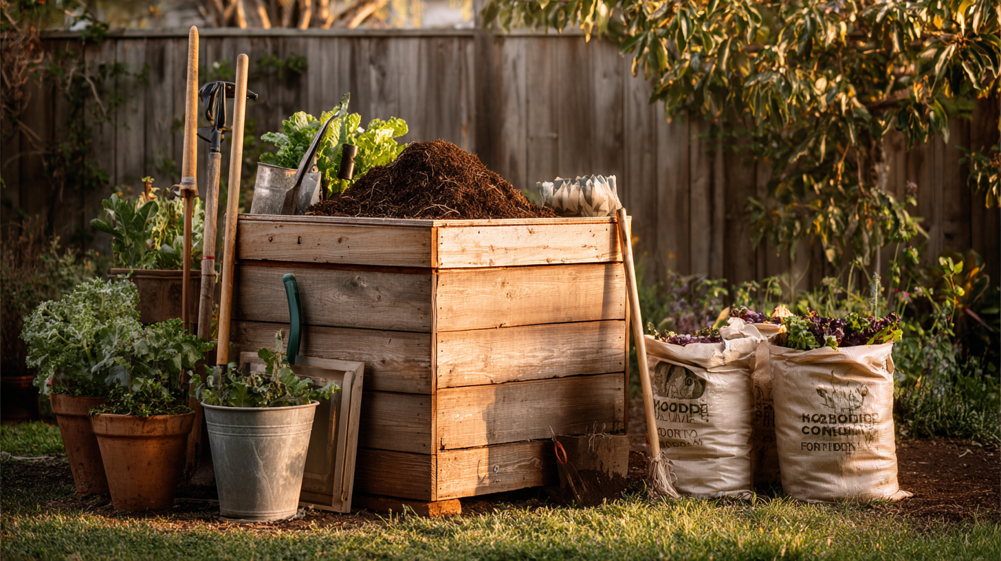 Wooden backyard compost bin surrounded by garden tools, compost bags, and potted plants in a warm outdoor garden setting.