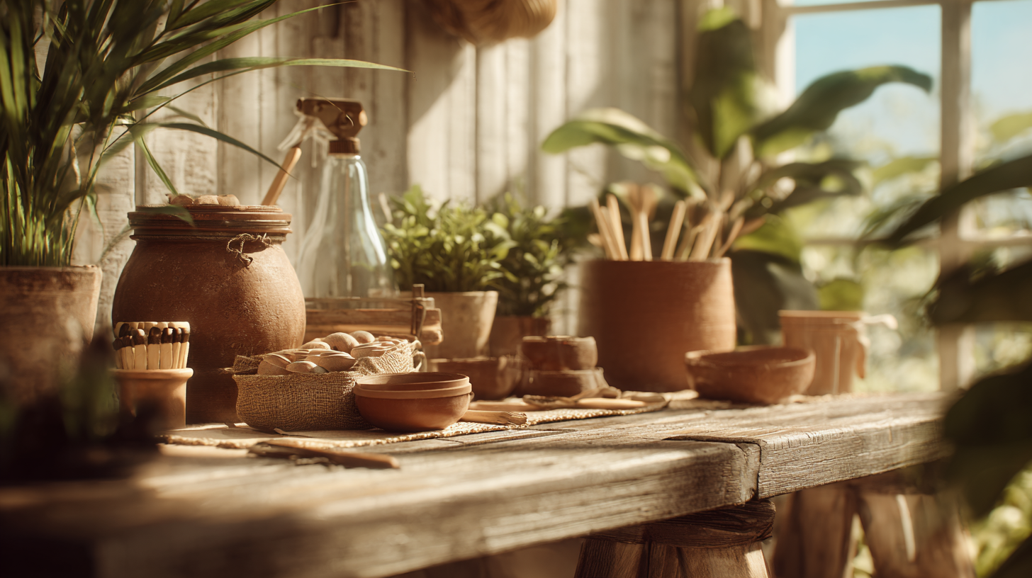 Eco-friendly gardening setup with terracotta pots, wooden tools, and indoor plants on a rustic wooden table in natural sunlight.