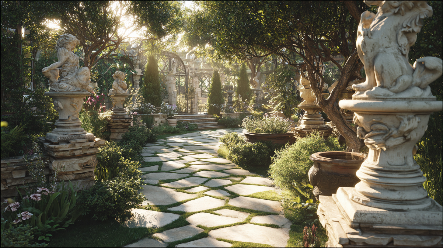 Elegant garden statues and sculptures along a stone pathway surrounded by greenery in a sunlit outdoor garden.