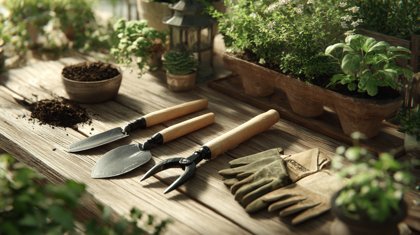 Essential gardening hand tools and gloves arranged on a wooden table with potted herbs and soft natural light.