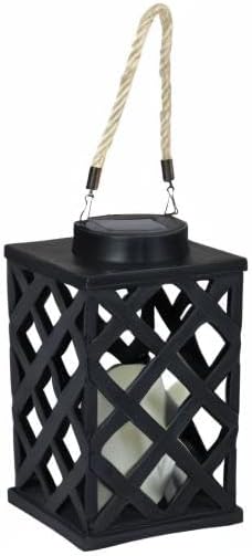 Sunnydaze Modern Crosshatch 9-Inch Solar LED Decorative Candle Lantern - Tabletop/Hanging Light - Set of 2 - Black