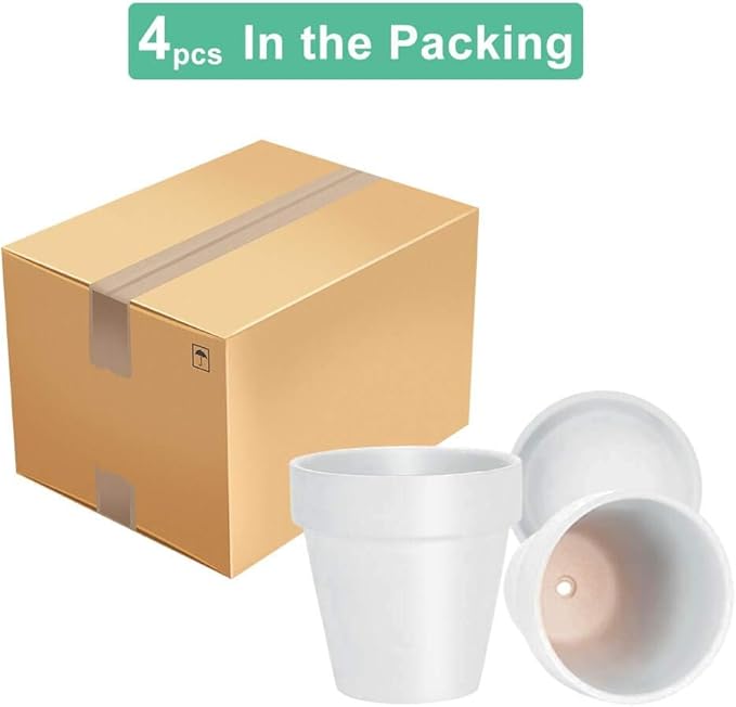 vensovo 6 Inch White Terracotta & Clay Pots for Plant with Saucer - 4 Pack Medium Terra Cotta Planter with Drainage Hole, Flowerpot for Indoor Outdoor Plants, Crafts, Wedding Favor