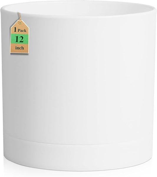 12 Inch Large Deep Flower Pots for Outdoor Indoor Plants, Cylinder Tall Plant Pots with Drainage Holes and Saucer, Big Decorative Plastic Planter Pots for Garden House Plants, White