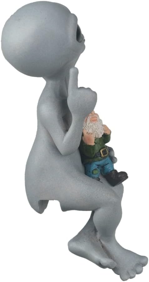 Andre' & Fritz Friendship “Origins” Alien and Gnome Garden Fence Sitter Statue | Poly-Resin 9" h x 3" w x 4" d Outdoor Décor (Origins - Fence Sitter)
