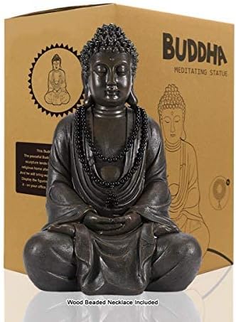 Goodeco 11.4" Meditating Buddha Statue Home Decor - Meditation Gifts for Room/Garden/Patio/Deck/Porch Yard Art Decoration, Zen Decor Buda Statues with Natural Wood Beaded Necklace