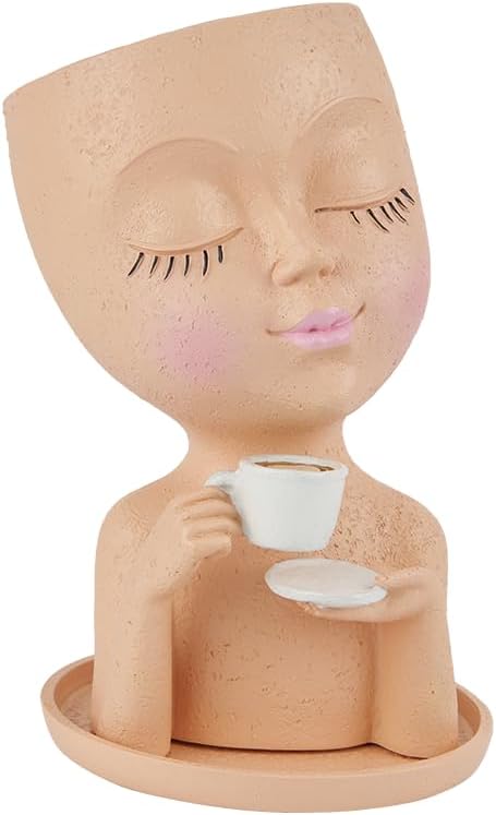 Face Planter Pots, Resin Face Planter for Indoor/Outdoor Plants,Head Planter with Drainage Hole/Removable Saucer,Girl Holding Coffe (Coffee, Light)
