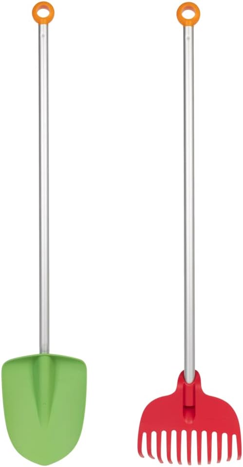 Fiskars Kids' Essential Landscaping Set - Leaf Rake and Garden Shovel - Kids Gardening Set - 2 Piece,Red/Green