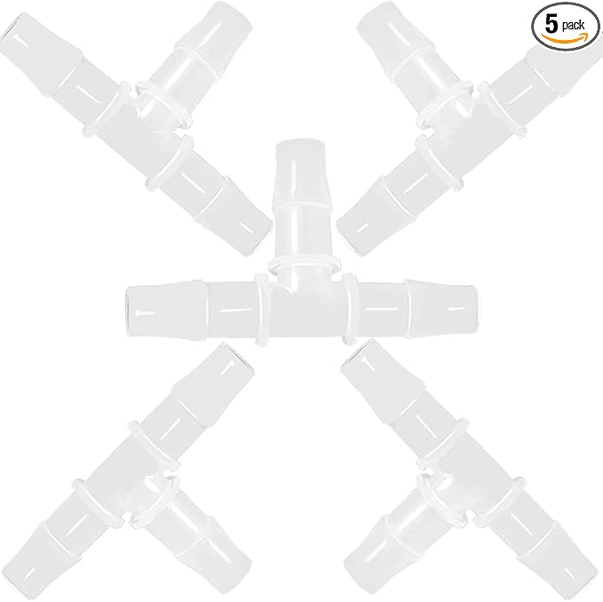 3/8" Tee Fitting Equal Barb 3 Way Hose Barb Fitting，Splicer Joint Mender Adapter Union Fitting for Fuel Gas Liquid Air (Pack of 5)