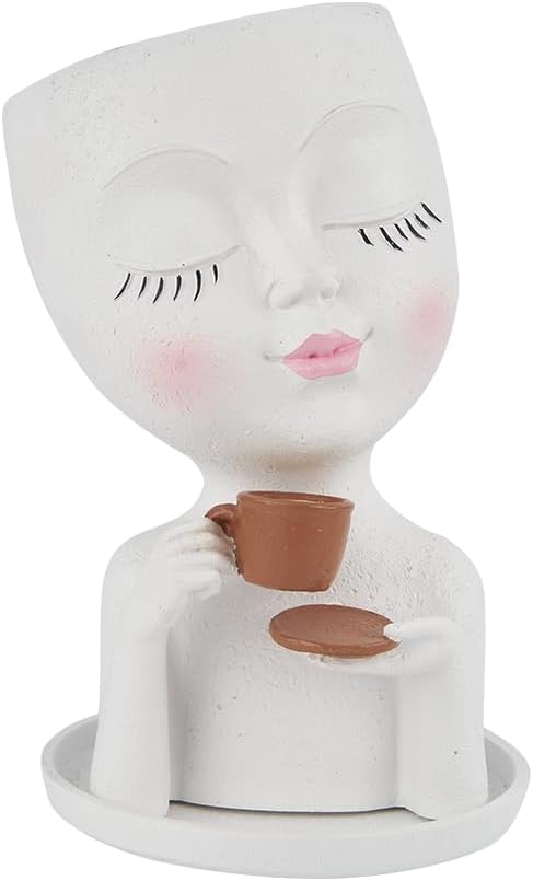Face Planter Pots, Resin Face Planter for Indoo/Outdoor Plants,Head Planter with Drainage Hole/Removable Saucer (Coffee, White)