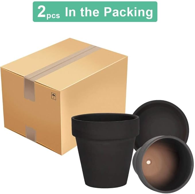 Vensovo 8 Inch Black Clay & Terracotta Pots for Plant with Saucer - 2 Pack Large Ceramic Terra Cotta Planter with Drainage Hole, Clay Flower Pot with Tray for Indoor Outdoor Plants