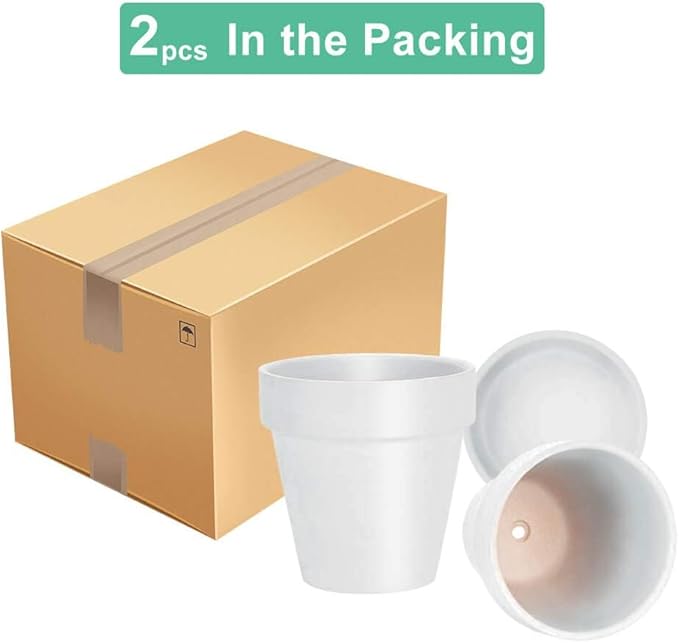 vensovo 8 Inch White Clay & Terracotta Pots for Plant with Saucer - 2 Pack Large Ceramic Terra Cotta Planter with Drainage Hole, Clay Flower Pot with Tray for Indoor Outdoor Plants