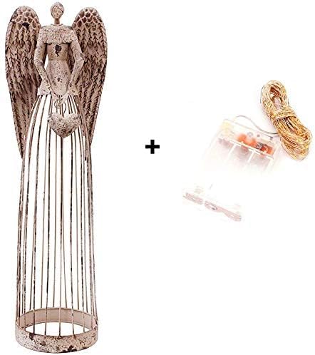 Morning View Vintage Metal Angel Garden Statue with Heart Handbag for Indoor Outdoor Yard Lawn Patio Art Decor with LED Lights String(Style B)