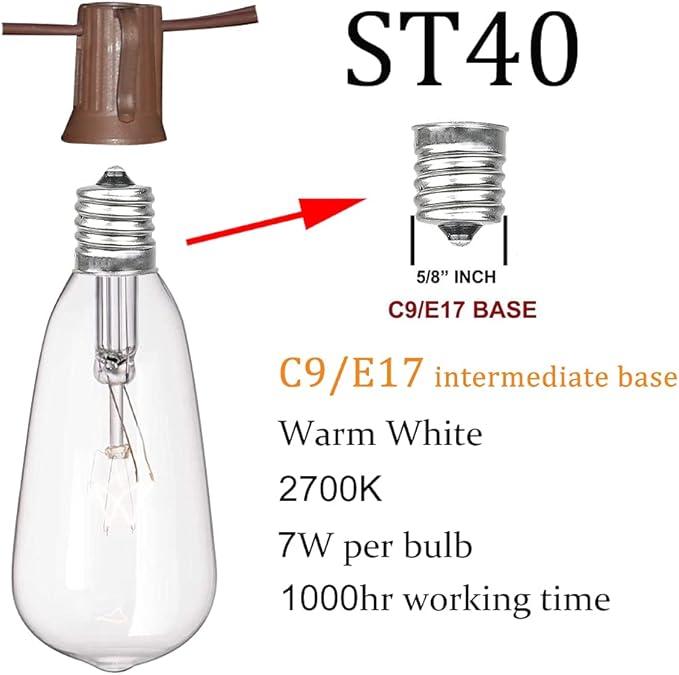 GOOTHY 10Ft Outdoor String Lights with 11 Clear Edison Bulbs (1 Spare) C9/E17 Base, ST40 Vintage Patio Stirng Lights Connectable Bistro Lights UL Listed for Backyard Wedding Garden Decor- Brown