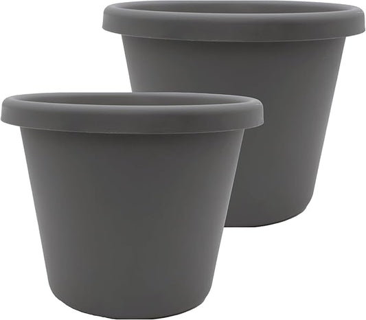 The HC Companies 15.5 inch Round Classic Planter - Plastic Plant Pot for Indoor Outdoor Plants Flowers Herbs, Warm Gray (2 Pack)