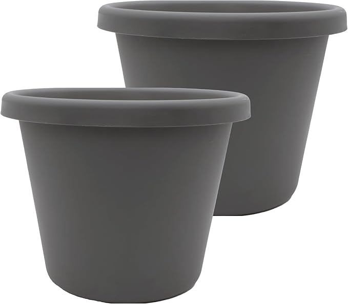 The HC Companies 14 inch Round Classic Planter - Plastic Plant Pot for Indoor Outdoor Plants Flowers Herbs, Warm Gray (2 Pack)