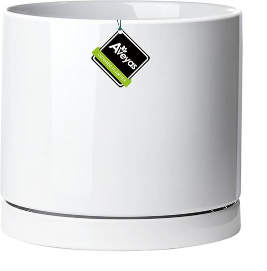 Aveyas 8 inch Ceramic Plant Pot with Drainage Hole and Saucer - Suitable for Indoor and Outdoor Use, Modern Planters for House Garden Flower Tree Snake Monstera Plants (8", Glossy White)