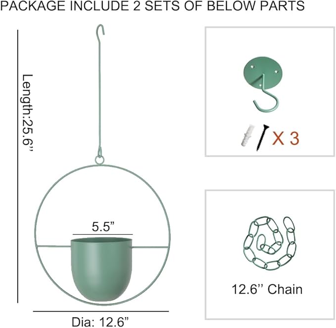 Hanging Planters 2 Pack Boho Mid Century Hanging Plants Hangers Metal Wall Ceiling Flower Pot Indoor Outdoor Vine Holder Room and Window Decor(Green)